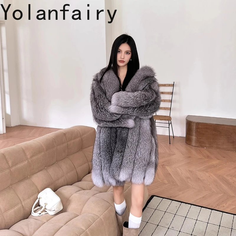 YOLANFAIRY autumn and winter  Imported whole fox fur turn-down collar Thickened fur coat oversize keep warm geaca cu blana 2025