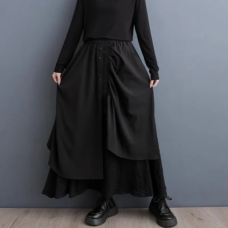 

#3071 Black Asymmetrical Skirts Women Split Joint Streetwear Gothic Skirt Buttons High Waisted A-line Long Skirts Female Autumn