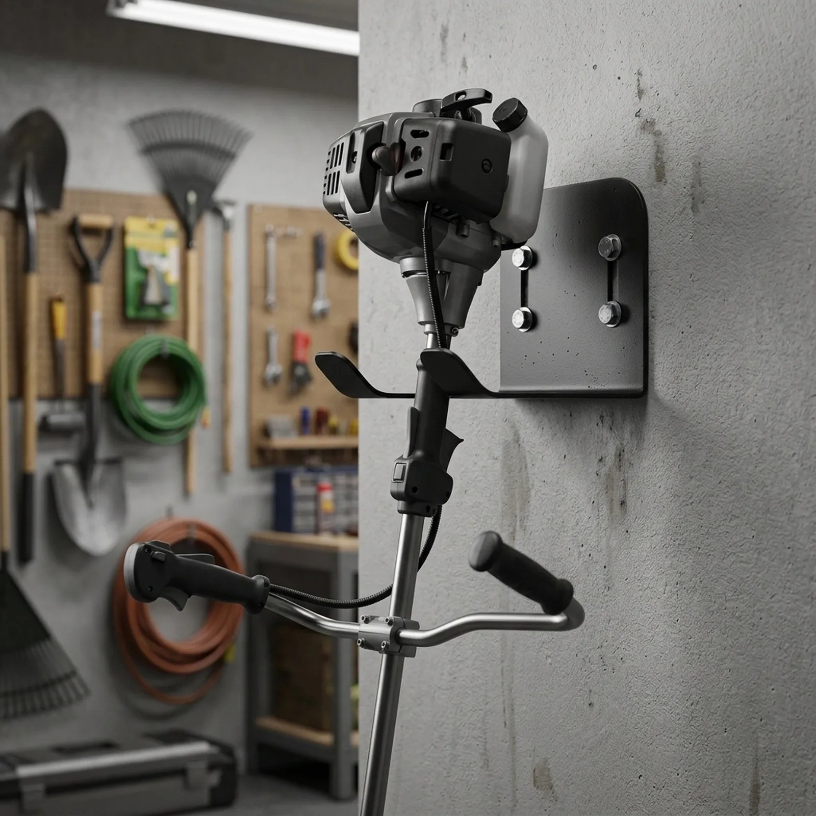 Metal Wall Mount Stand for Lawn Mowers and Trimmers Designed for Garage Tool Organization and Space Saving Setup