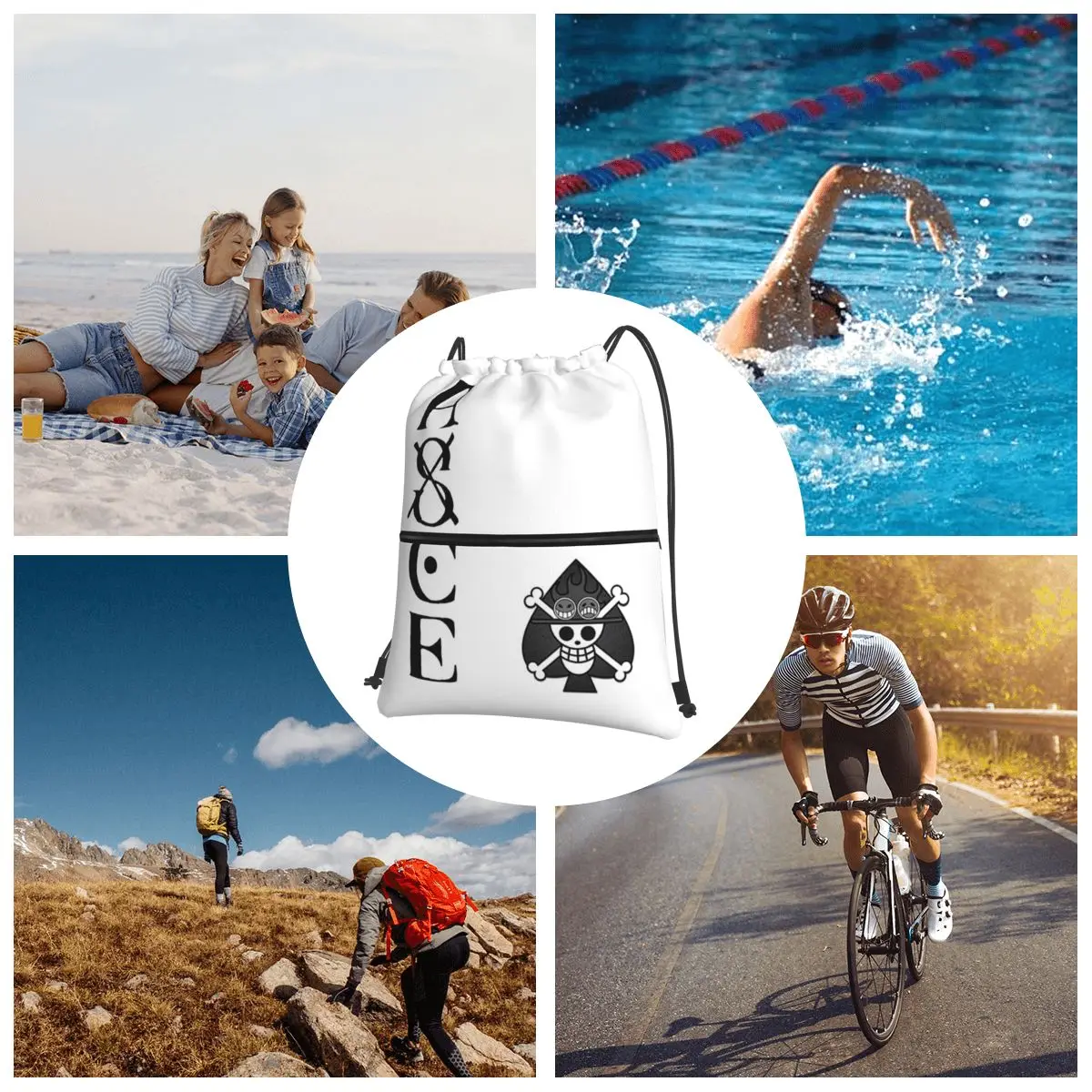 Portgas D. Ace Anime-mochila portátil con cordón para hombre y mujer, bolsa de almacenamiento con bolsillo, a la moda, para viaje y Deporte