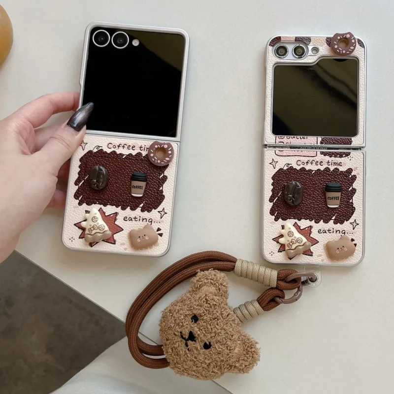 Cartoon Coffee Little Bear Phone Case For Samsung Galaxy Z Flip 7 6 5 leather plating edge Hard Cover For ZFlip 3 4 With Lanyard