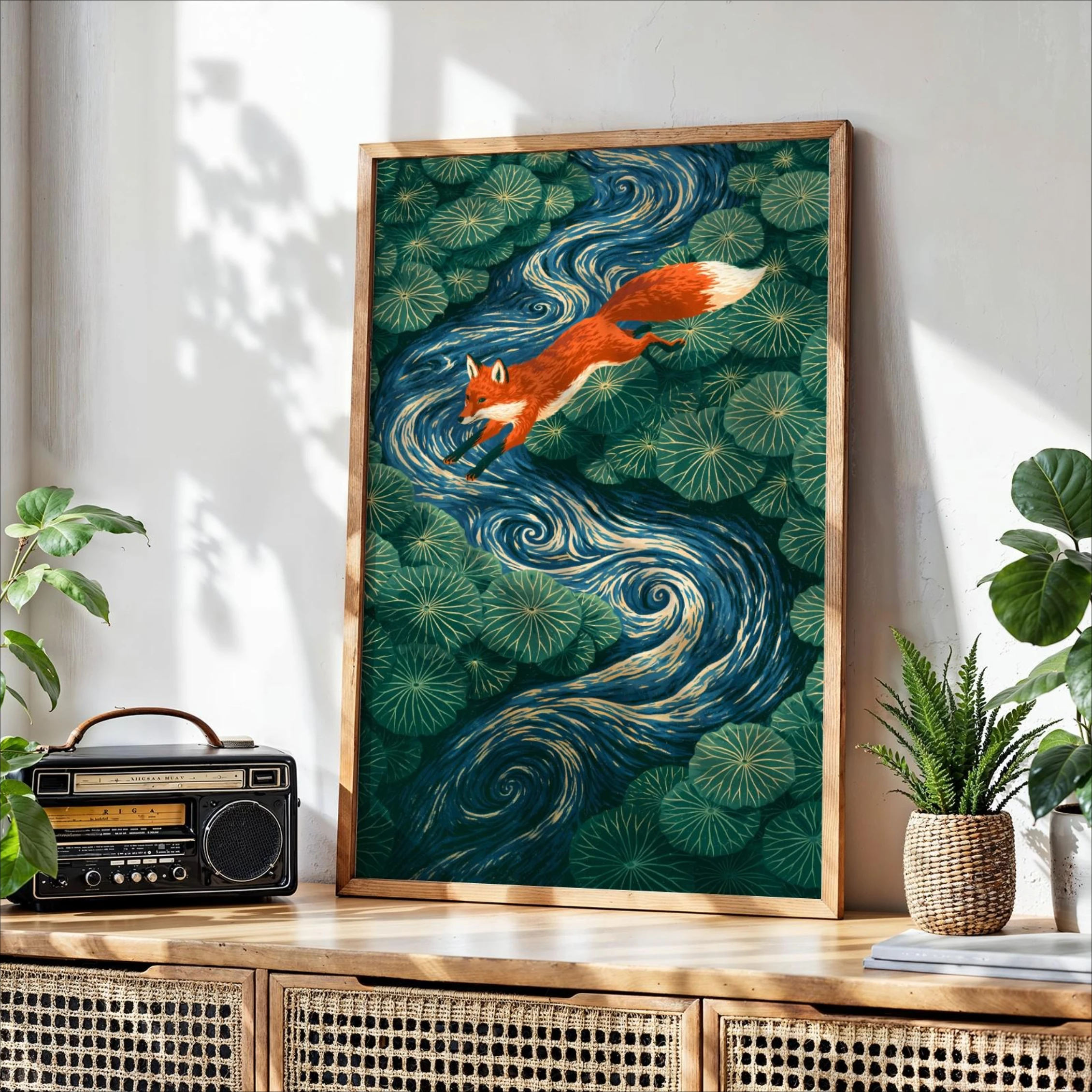 Vintage Japanese Ukiyo-e Fox Leaping Lily Pond Poster Unframed Japanese Animal Wall Art Poster for Living Room and Bedroom Decor
