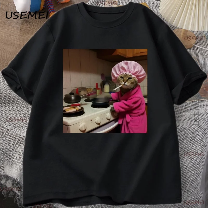 Funny Housewife Cat T-Shirt Vintage Ccotton Short Sleeve Gen Z Joke T Shirt Stupid Brainrot Cat Lover Tee Funny Kitty Tshirt