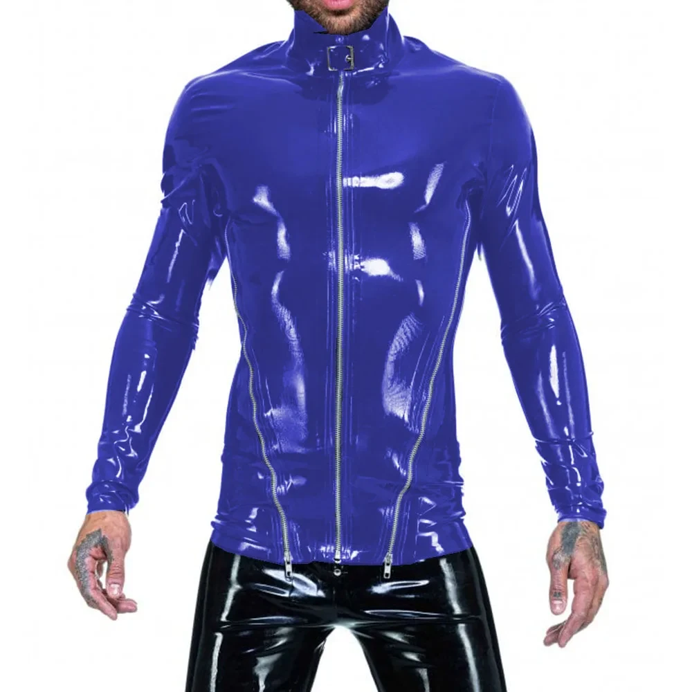 Men's Buckle High Neck Shiny PVC Leather Motorcycle Jacket, Male Punk Zipper, Long Sleeve T-Shirt, Fetish Latex Look Coats, Club