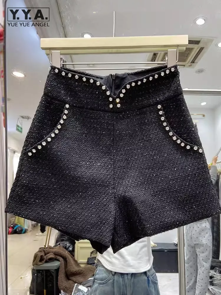 Fashion Diamonds Women High Waist Shorts New Spring Summer Office Ladies Slim Casual Elegant Black A-Line Tweed Wide Leg Shorts