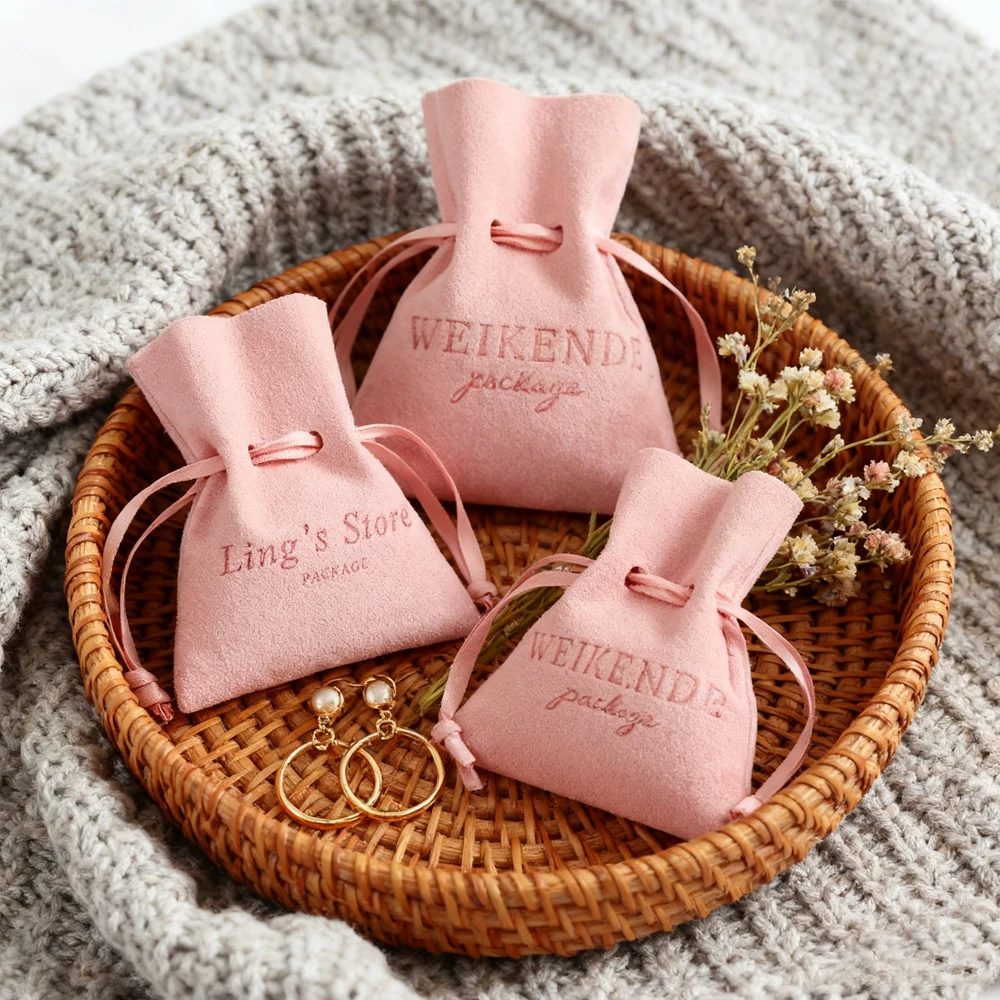 100 قطعة مخصصة الوردي مايكرو الجلد المدبوغ الحقائب شعار مخصص شنطة هدايا مجوهرات الحقيبة ستوكات المغلف أكياس تخزين قابلة للطي #1