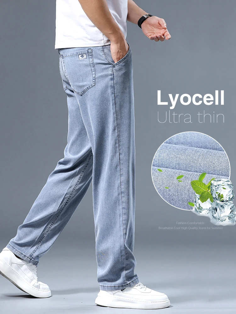 Men Lyocell Loose Straight Jeans Summer Ultra-thin Soft Breathable Denim Pants Business Casual Ice Silk Feel Daily Trousers