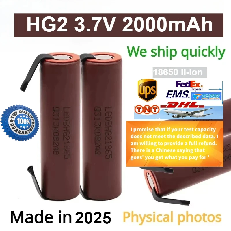 Batería Original LG HG2 de 2000mAh, 3.7v, 18650 con tiras soldadas para destornilladores, alta corriente + Li-ion DIY