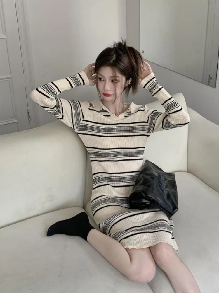 Women's Dresses Cover Up Knit Knee Length Colorblock Clothing Crochet Striped Bodycon Female Dress Midi Chic and Elegant Pretty