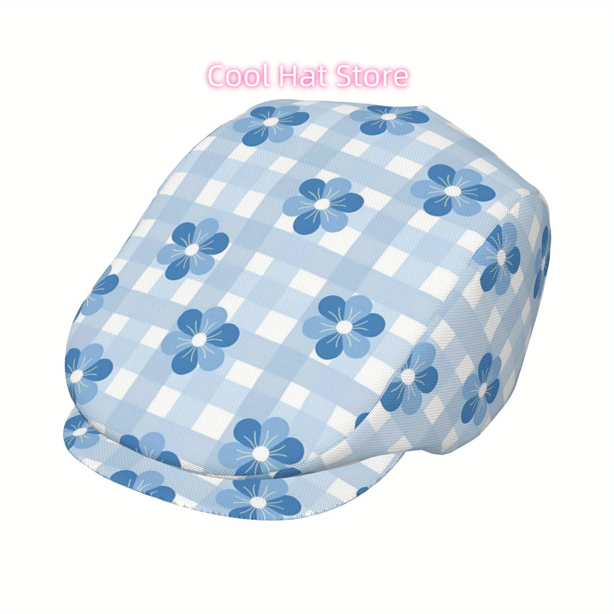 1pc Blue Check Floral Print Retro Cap for Men & Women - Adjustable Newsboy Beret Ivy Cabbie Flat Hat, Lightweight Irish for Hatt