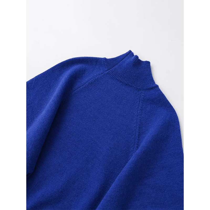 Blauer Strickpullover mit weiten Ärmeln für Damen, Frühling 2025, kurzer Stehkragenpullover
