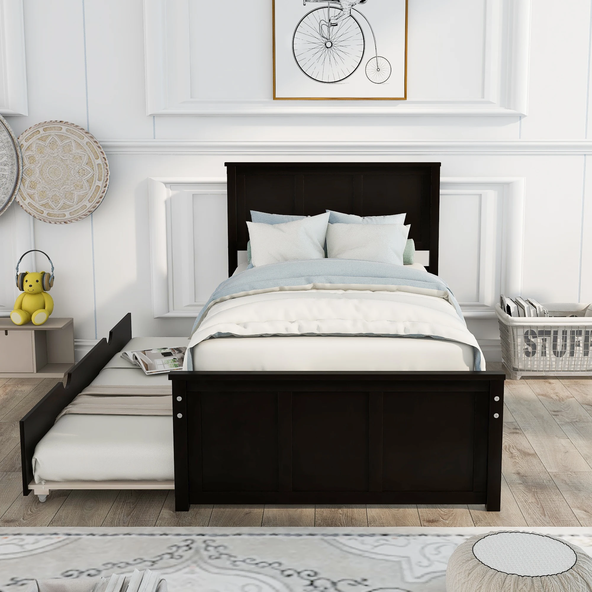 Two ColorsTwin Size Platform Bed with Trundle  Bedroom Furniture