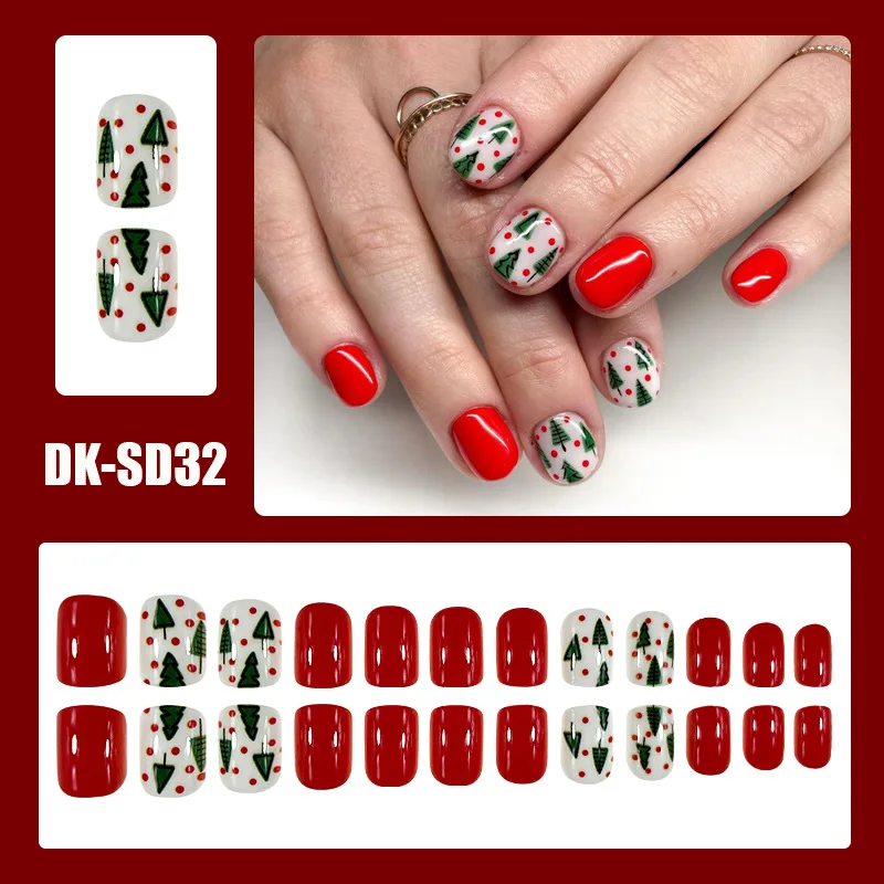 24 Pcs Christmas Fake Nails with Design Red Cartoon Christmas Tree False Nails Short Press on Nails Prosthetic Nail Set Holiday