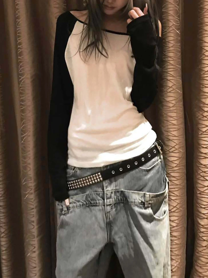 Fall Women Black White Contrast Off Shoulder Tops Long Raglan Sleeve Slim T‑Shirts Y2K Aesthetic Casual Streetwear Basic Blouse