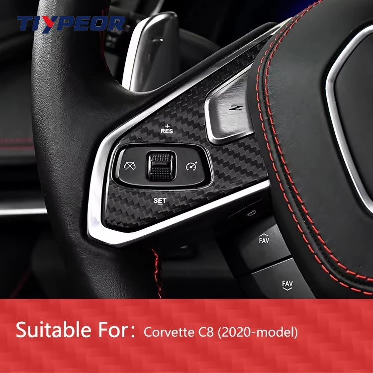 Tiypeor LHD Real Carbon Fiber Steering Wheel Key Button Trim For Chevrolet Corvette C8 Sport Racing Steering Wheel Interior Glos