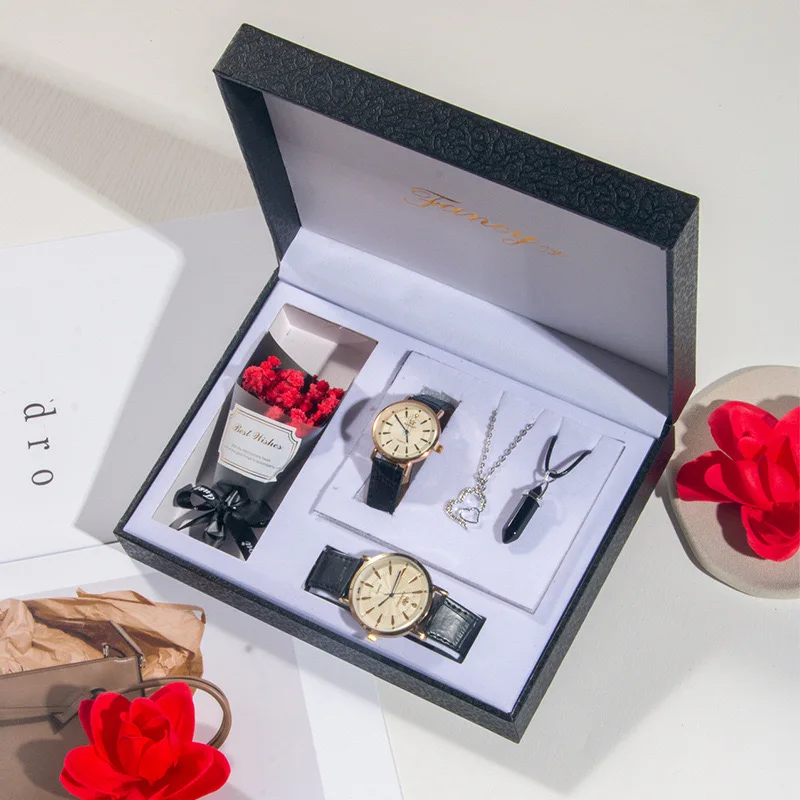 New Luxury Couple Watch Necklace Set With Eternal Flower Combination High-quality Box Commemorative Gift For Lovers