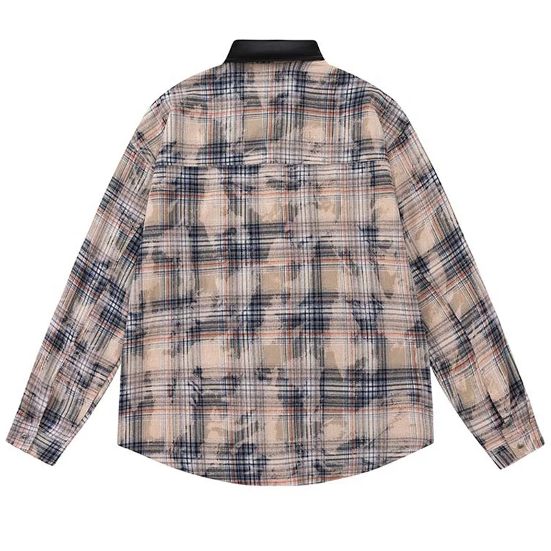 Men Retro Plaid Shirt Hip Hop Streetwear Oversize Shirt Butterfly Pocket Harajuku Shirt Long Sleeve Checkered Flannel Tees 2023