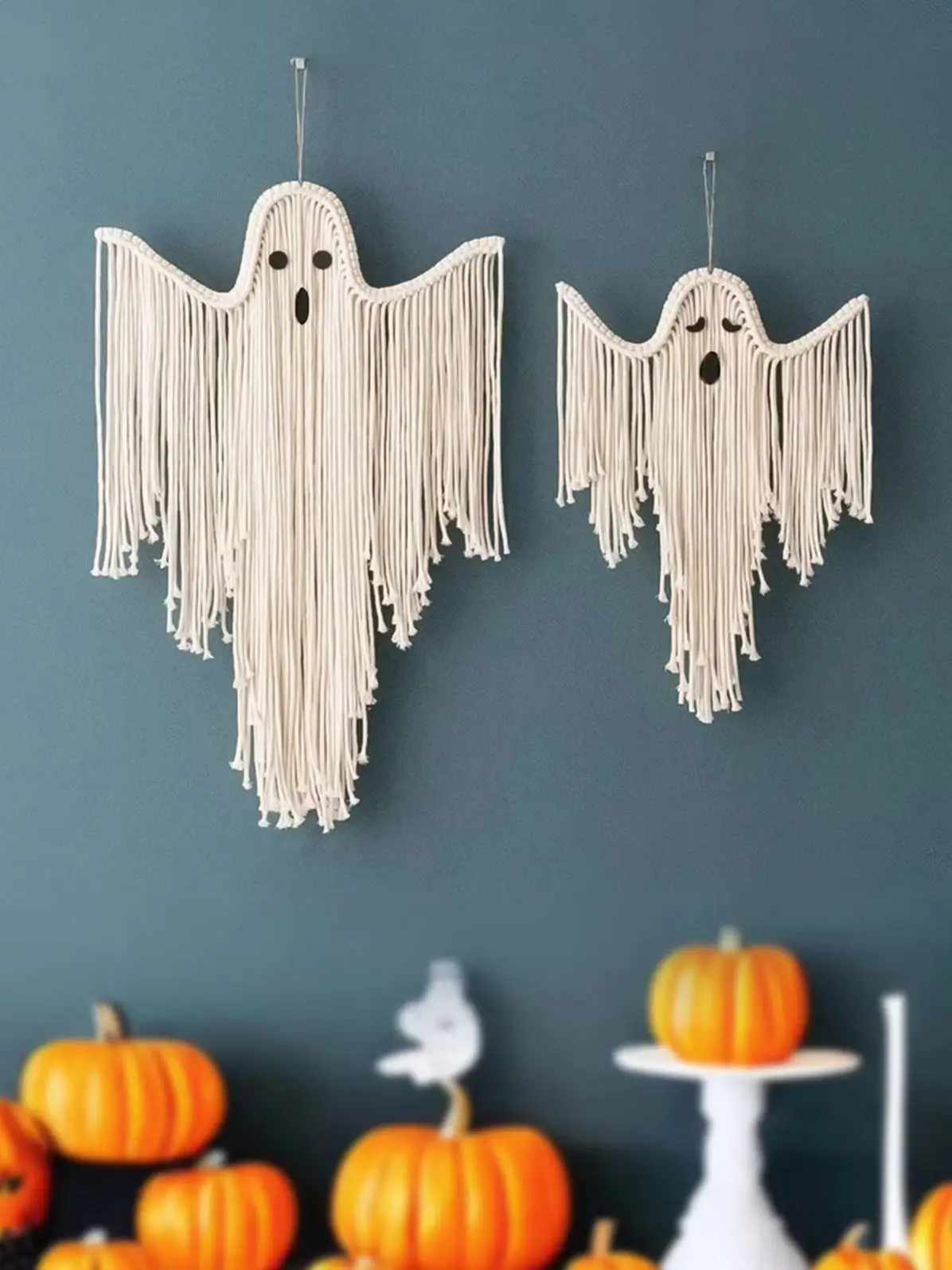 1, 2 Stück weiße Halloween-Makramee-Geist-Wandbehang, handgefertigtes Quasten-Design, gruselige Dekoration, Wandteppich für Zuhause, Schlafzimmer und Party