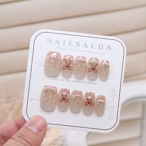 Imagen 2 del producto Juego de 10 Uds de uñas postizas de ojo de gato Kawaii con diseño de lazo, puntas de uñas postizas reutilizables de cobertura completa para mujeres y niñas