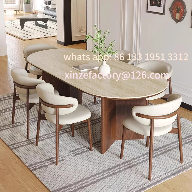 

Customizable French simple solid wood rock slab dining table and combination small apartment household rectangular living