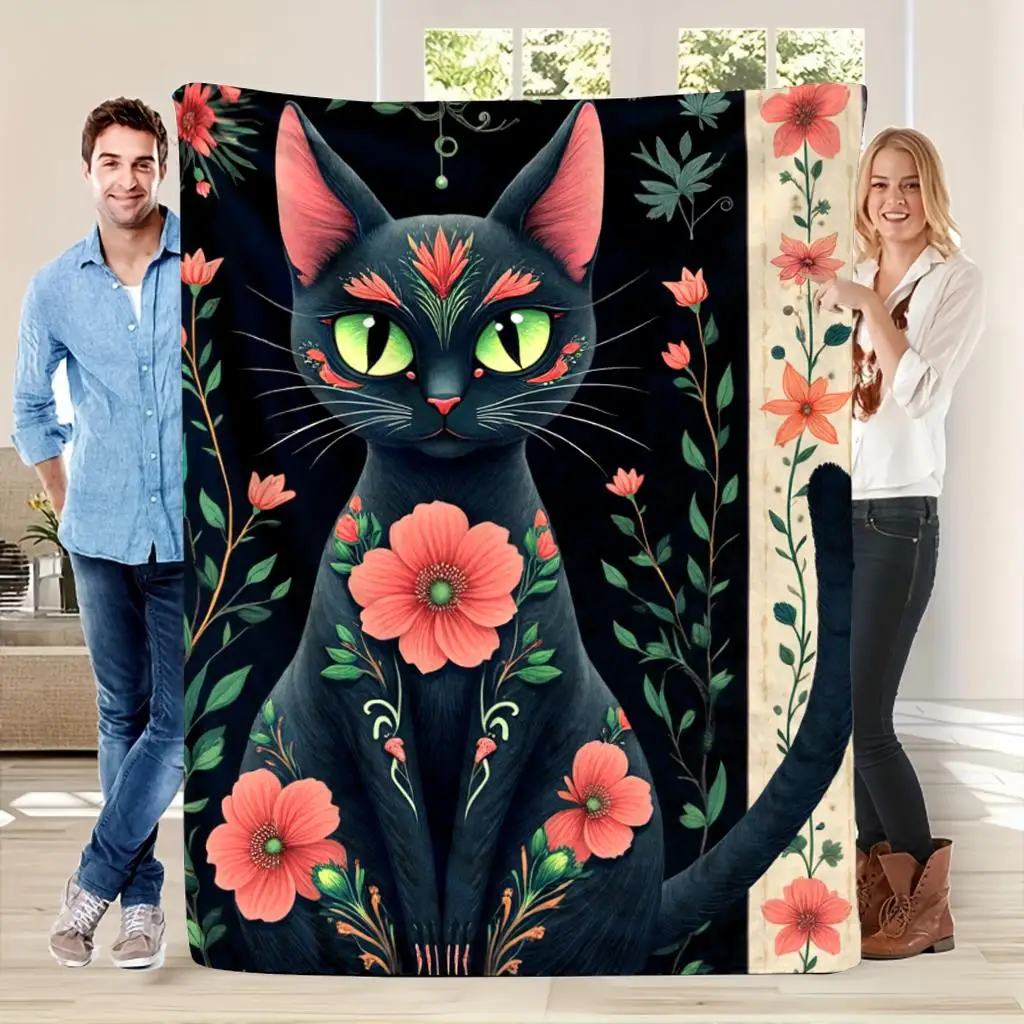Large Cat Floral Art Throw Blanket Dark Botanical Cottagecore Cozy Picnic Blankee 150x200cm Aesthetic Gift