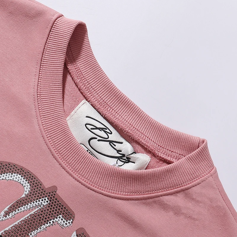BKYS T-Shirt American Trendy Print Terry Cloth Rhinestone Vintage Men Women Summer Short Sleeve