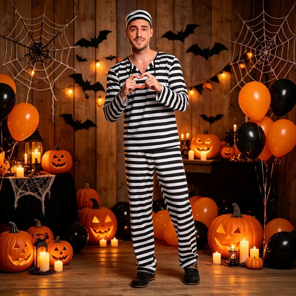 Prisoner Costume for Adult, Women Striped Mini Dress, Men Top Pants, Halloween Dress-Up Jail Inmate Uniform with Hat & Cuffs