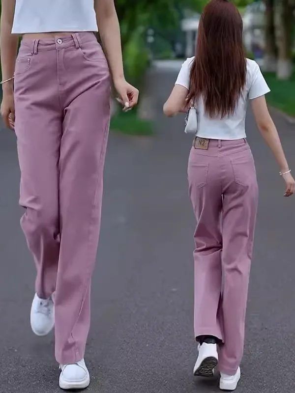 

Pink Straight Leg Casual Women's Jeans High Waist Wide Leg Long Trousers Spring Autumn New Arrival Slimming Effect Cotton Str...