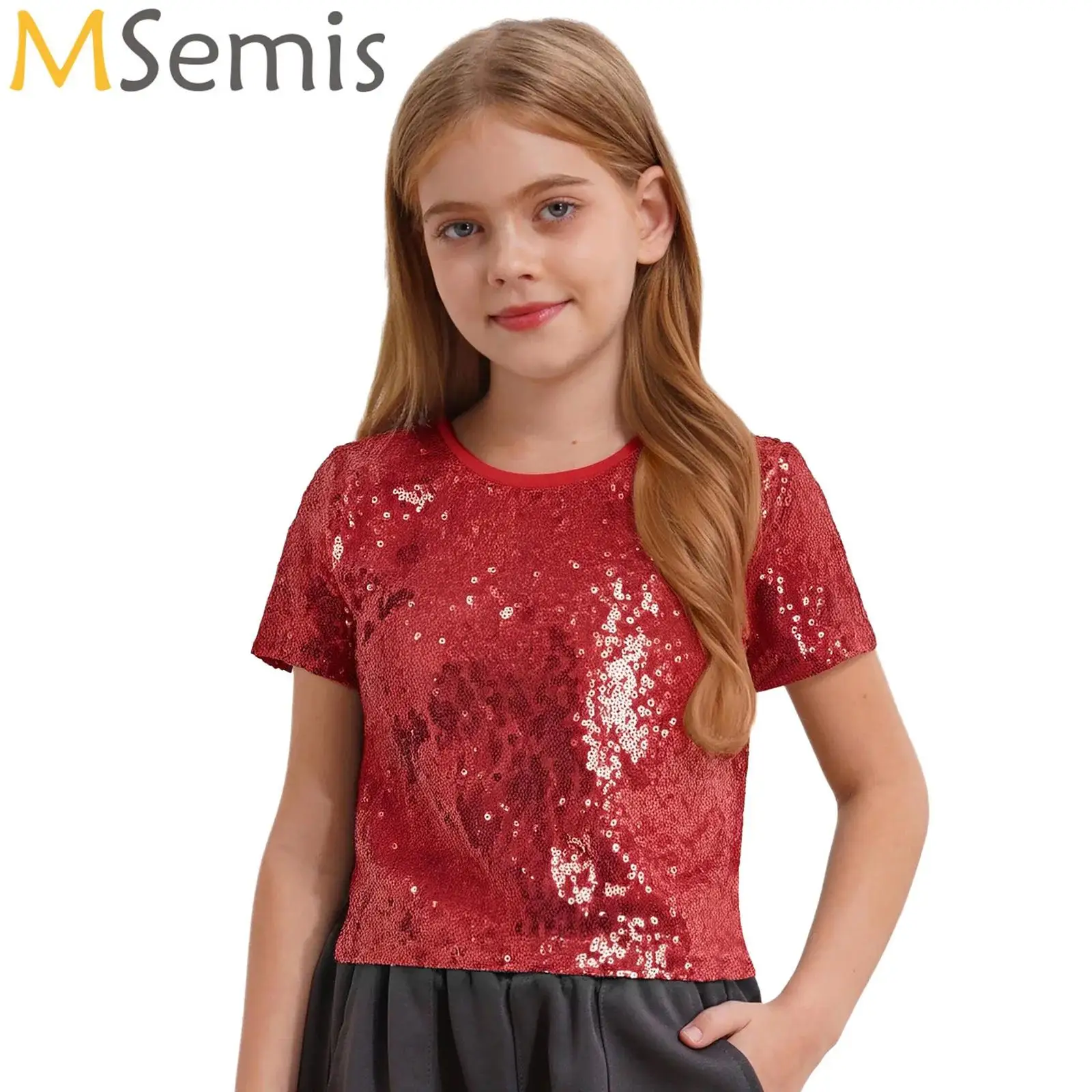

Child Kids Girls Shiny Sequins Shirt T-Shirt Sparkly Loose Jazz Hip Hop Dance Top Blouse Stage Performance Costume Dancewear