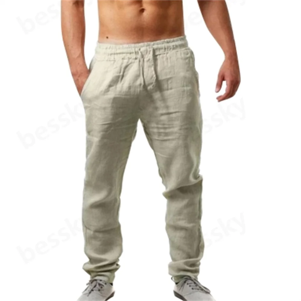 

Men's Solid Color Elastic Waist Pants Breathable Cotton Linen Loose Fit Casual Trousers