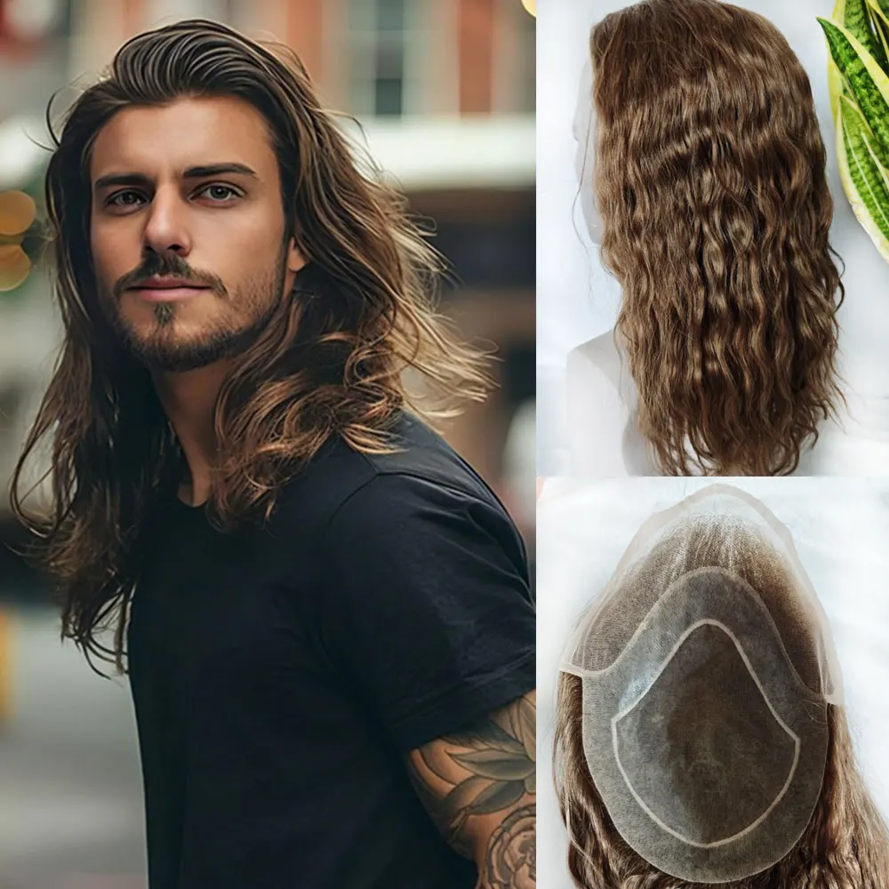 

Hair Men's Toupee 13inch Brown Human Hair Prosthesis Men Wigs Lace Pu Mono Long Hair Replacement System Natural wave 8x10inch 7#