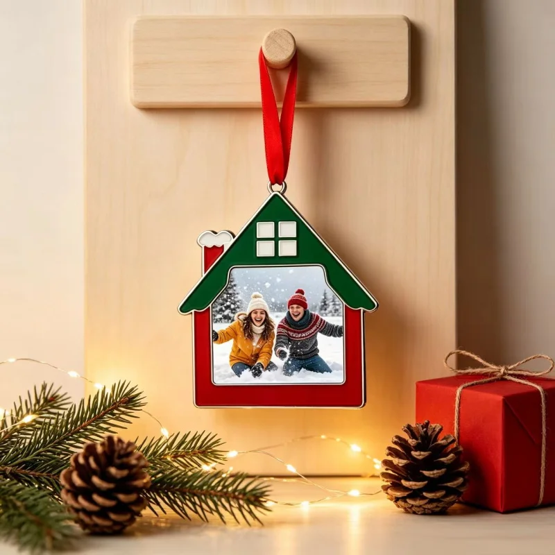 Custom photo Christmas metal ornament, house gift box bauble-shaped photo frame hanging decoration, custom photos