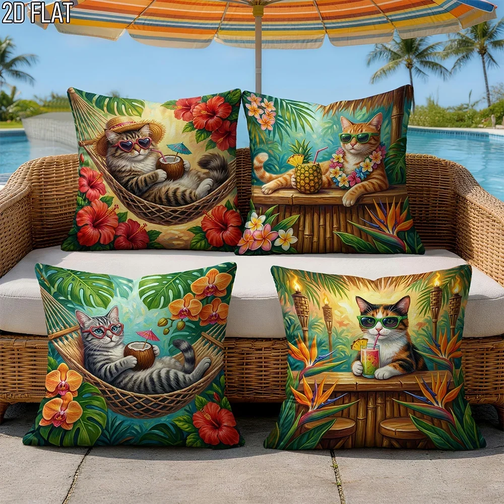 1/4pcs Tropical Vacation Cat Throw Pillow Covers Set of 4 Home Farmhouse Outdoor Decoration Cushion Cover