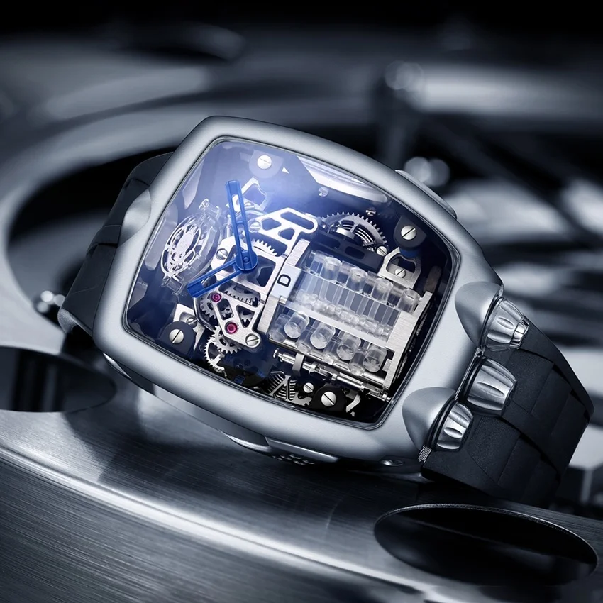 

Модные спортивные часы, прямоугольный корпус из нержавеющей стали, силиконовый ремешок, механические мужские часы