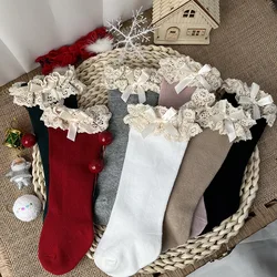 New Winter Autumn Baby Girls Knee High Socks Lace Ruffle Long Sock Cotton Kids Toddlers Princess Christma Socken For 0-5Years