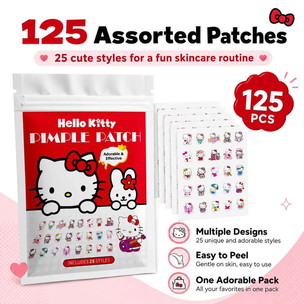 125PCS Sanrio Hello Kitty Acne Patch, Hydrocolloid Acne Patch, Makeup Blemish Pimple Patch, Waterproof and Sweatproof