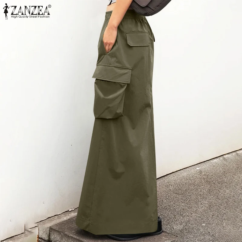 ZANZEA Women Vintage Maxi Skirts 2026 Fashion Elegant Loose Jupes Cargo Office Big Pockets Jupes Elastic Waist Skirts Streetwear