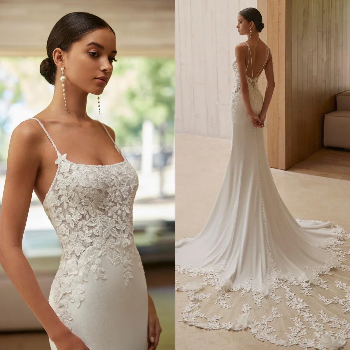 Customized Sexy Wedding Dresses Mermaid Lace Satin Bridal Gown Spaghetti Neck Court Train Bride Dress Robe De Mariee