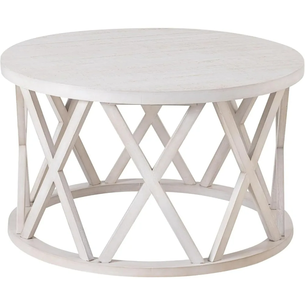 Farmhouse Coffee Table, Rustic Round Coffee Table with X-Motifs Legs, Wood Textured Top, for Boho, French Country Decor, Antique