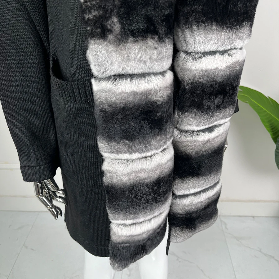 리얼 모피 트림이있는 롱 스타일 캐시미어 자켓 숙녀 천연 렉스 토끼 모피 자켓 패션 슬림 피트 따뜻한 롱 코트