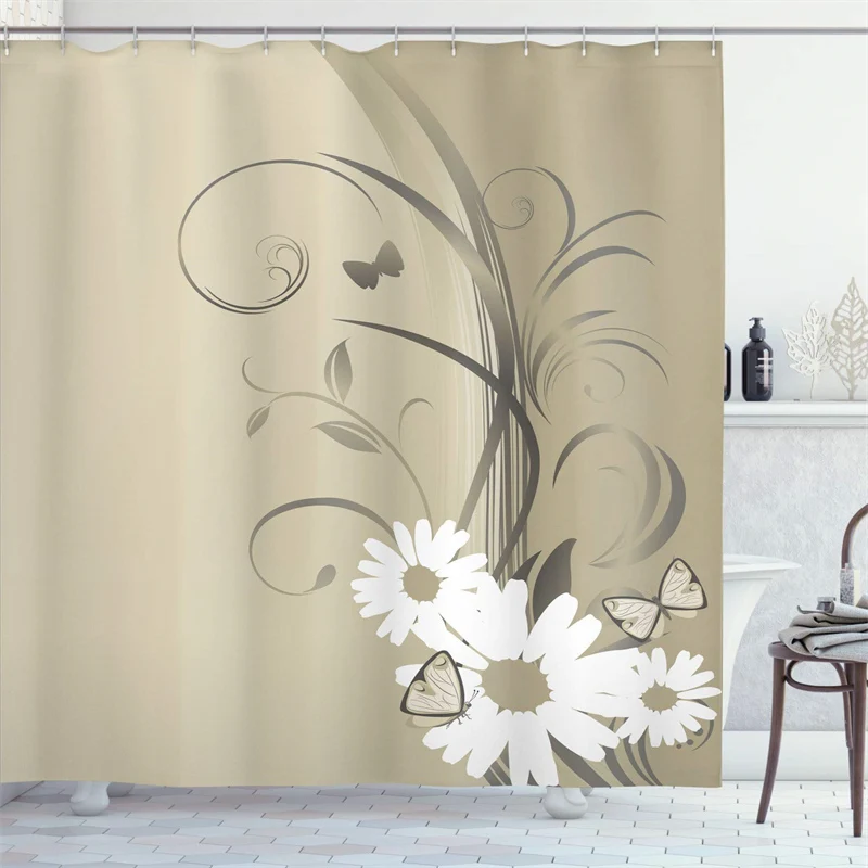 Pink Shower Curtain Liner Flying Butterflies Chamomile Nature Style Fabric Shower Curtain Waterproof Bath Curtain With Hooks