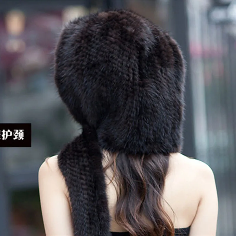 2022 Women Winter New Knitted Real Mink Fur Hat With Scarf Fashion Long Natural Fur Scarves Hooded Female Genuine Fur Caps