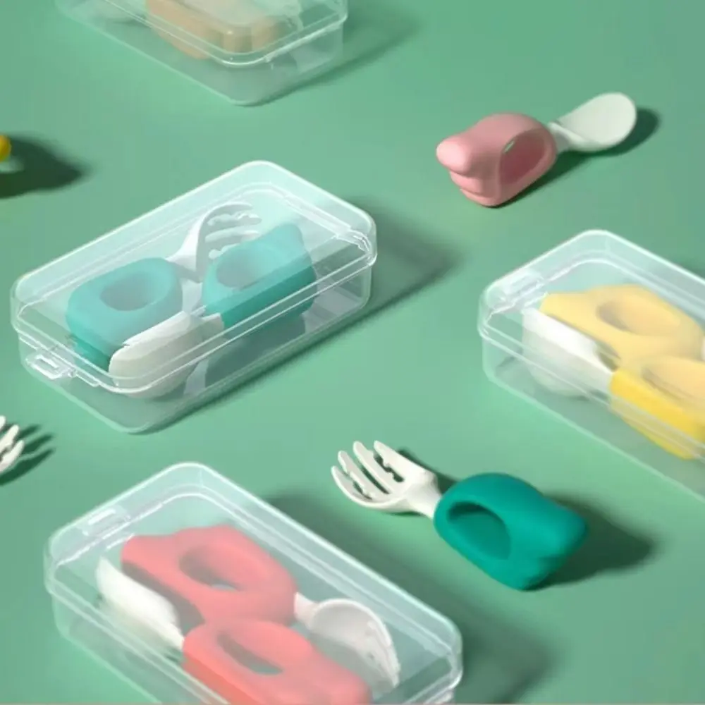 

Self Feeding Baby Forks and Spoons Set Silicone Handle Plastic Baby's Dinnerware with Case Easy To Grip Children Safe Forks