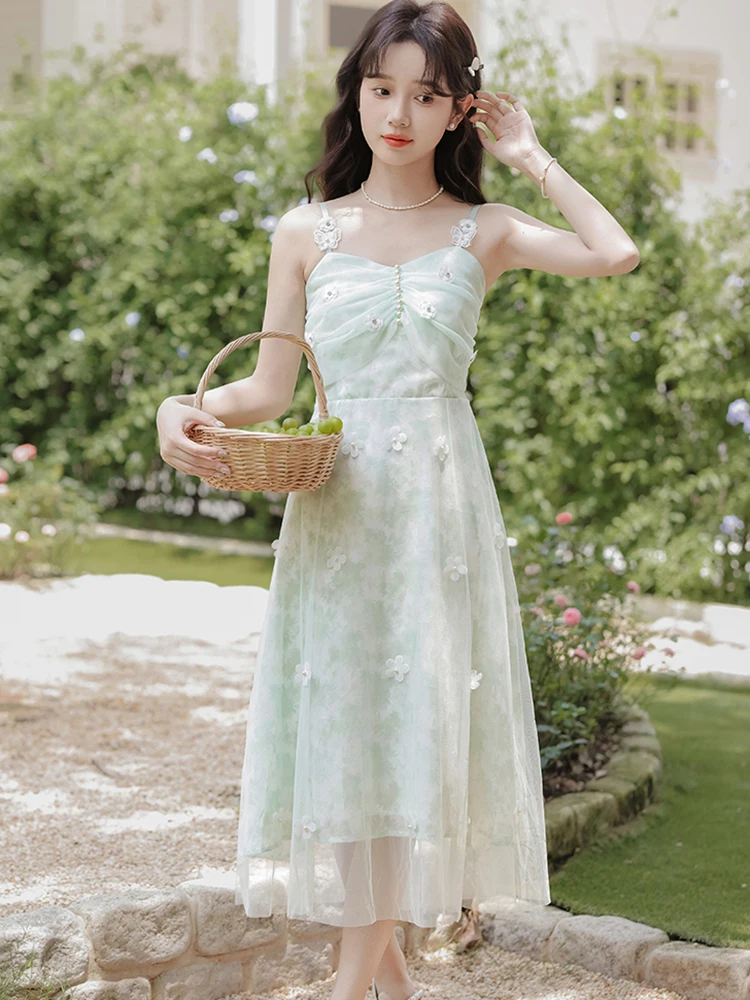 Women Green Floral Chiffon Chic Beading Luxury Sling Dress Summer Elegant Casual Holiday Dress 2025 Korean Fashion Bodycon Dress