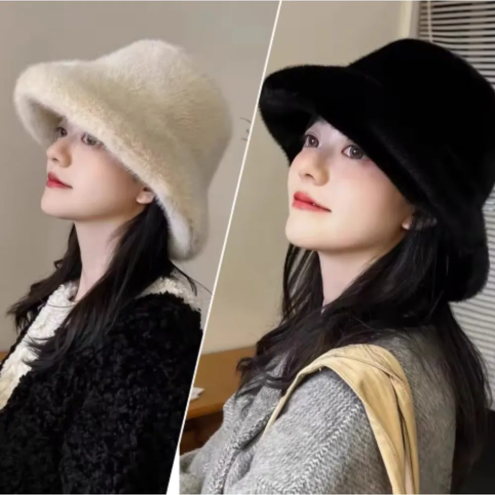 Outdoor Plush Plush Bucket Hat Warm Soft Panama Hat Furry Winter Basin Sun Cap for Women Fisherman Cap Windproof and Warm