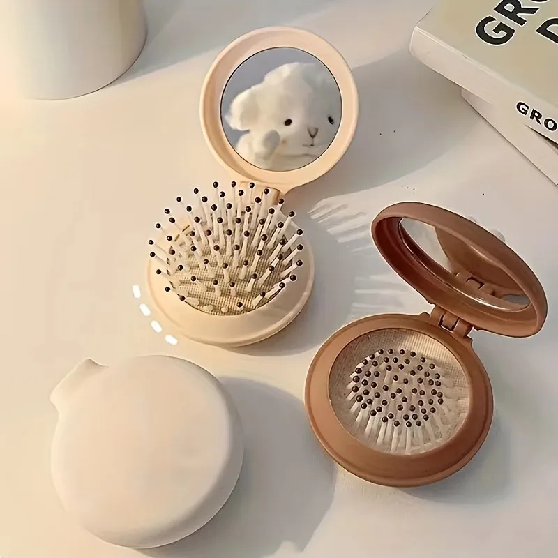 Mini escova de cabelo dobrável portátil para viagem com espelho para mulheres, design de dobra dupla de plástico leve para uso ao ar livre, lavável à mão