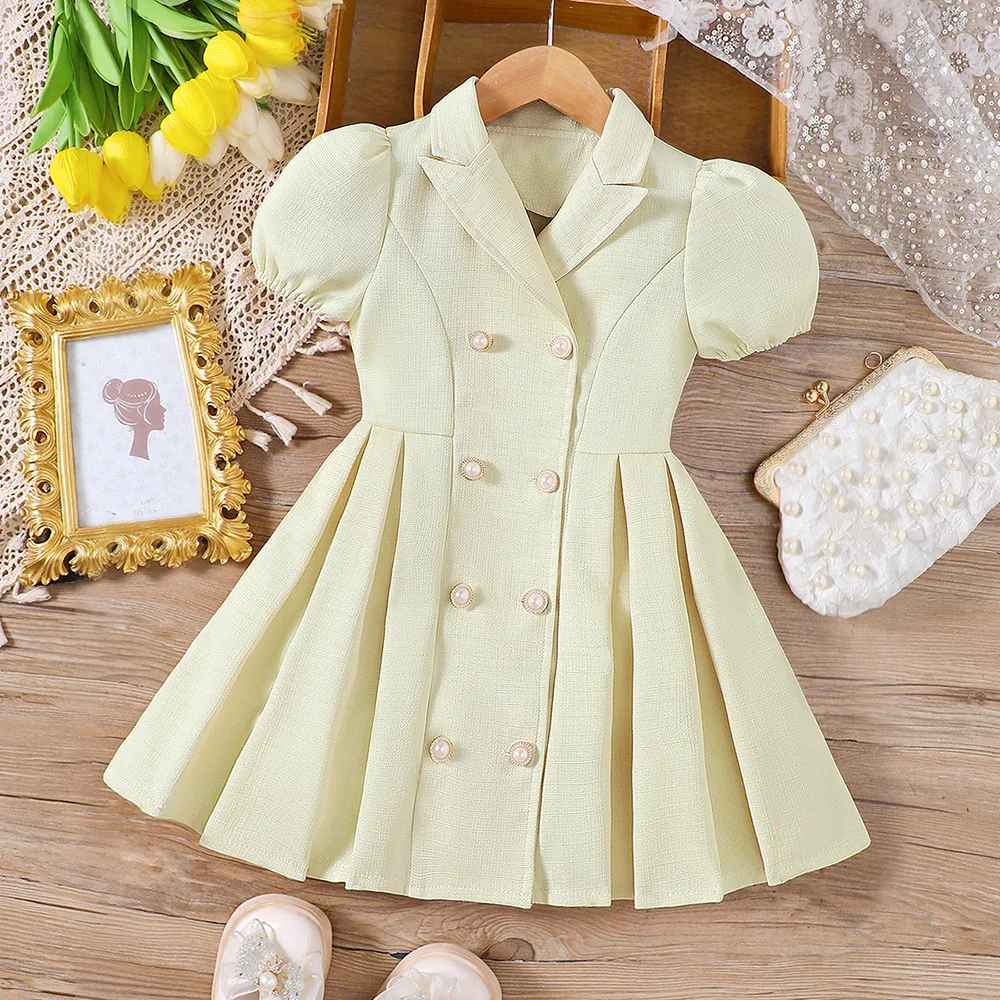 2024 Summer New Arrival Girls Short Puff Sleeve Double Breasted Beige Dress Infantil Menina Cute Party Dress Custume 2-7T