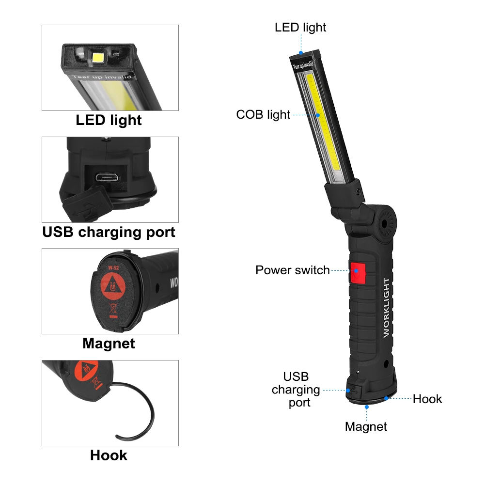New Portable COB LED Flashlight USB Rechargeable Work Light Magnetic Lanterna Hanging Lamp with Built-in Battery Camping Torch