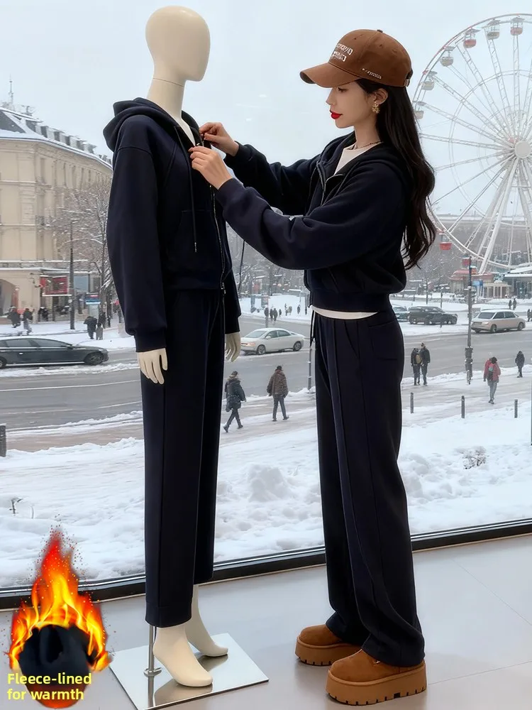 

Ladies' Warmth-ing Fce Lined Thiened Wide Leg Pants Two-Piece Set Sportswear Casual Outfit Autumn Winter New Arrival