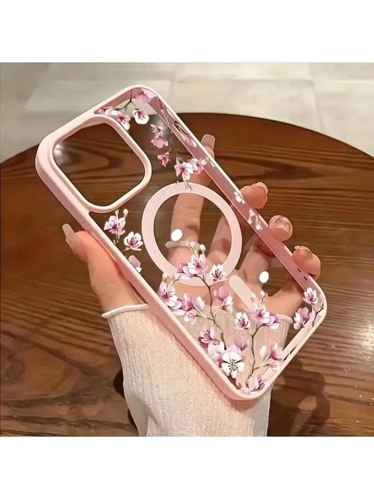 Różowy, elegancki, kwiatowy wzór z motywem wiśni. Magnetyczne etui na telefon do iPhone 18 17 16 15 14 13 12 Pro Max 11 16Plus 16E Air Cover. — 2
